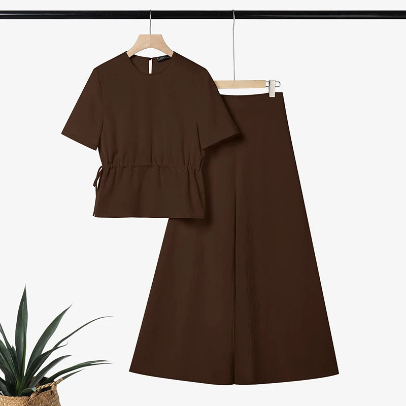 ZANZEA Fashion Women 2 Pieces Sets Summer Office Outfits Casual O Neck Short Sleeve Drawstring Blouse Pants Sets Solid Tracksuit