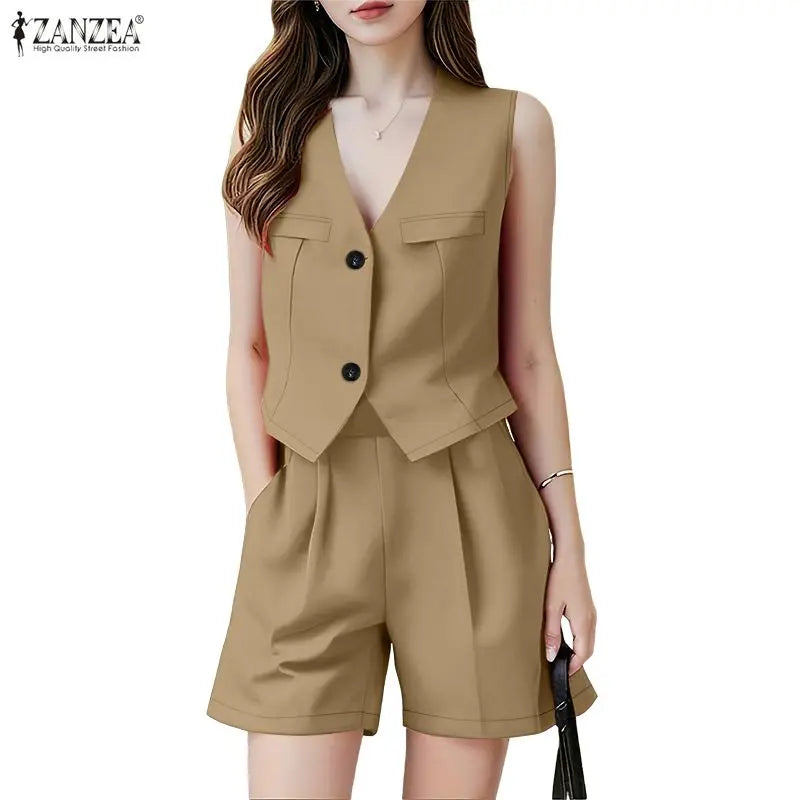 ZANZEA Woman Short Suits Summer Sleeveless Vests Tops & Elastic Waist Shorts 2 Pieces Sets Casual Commuting Solid Color Outfits