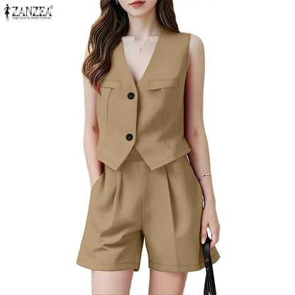 ZANZEA Woman Short Suits Summer Sleeveless Vests Tops & Elastic Waist Shorts 2 Pieces Sets Casual Commuting Solid Color Outfits