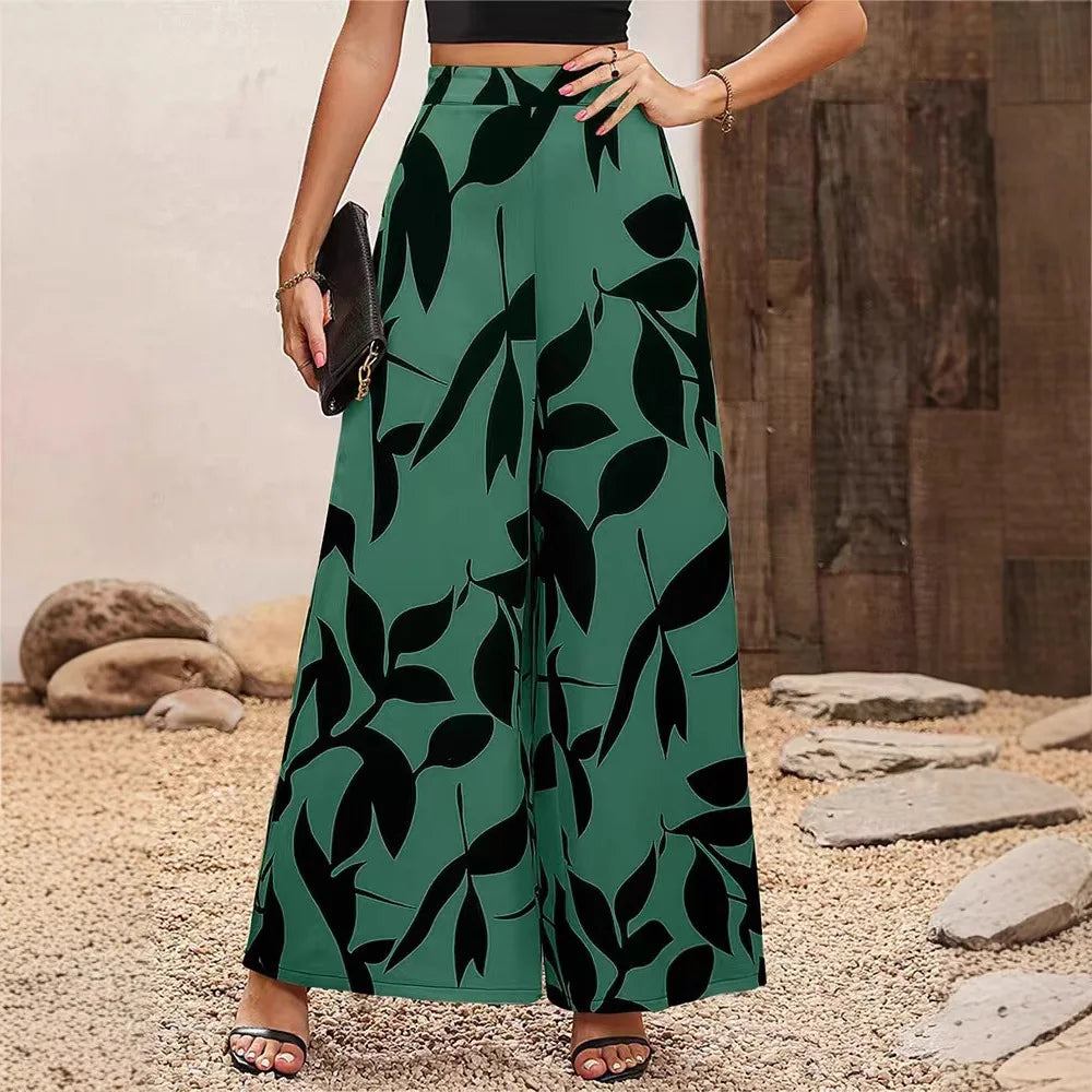 Women's Print Wide-Legged Casual Pants Loose Fit Fashionable Trousers