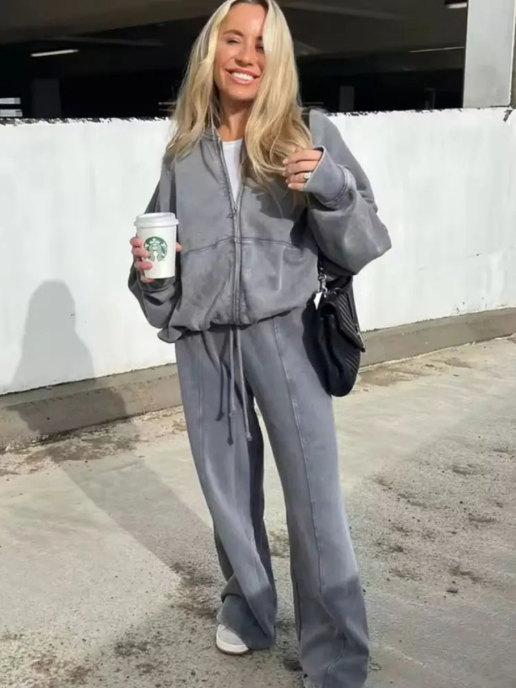 HH Women's 2-piece Retro Solid Color Zipper Bomber Jacket Sweatshirt + High-waisted Lace-up Women's Loose Velvet Pants Suit