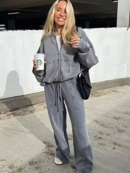HH Women's 2-piece Retro Solid Color Zipper Bomber Jacket Sweatshirt + High-waisted Lace-up Women's Loose Velvet Pants Suit