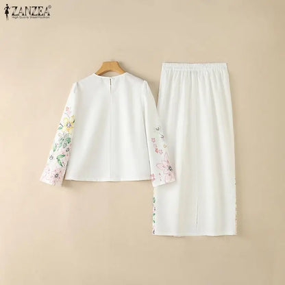 ZANZEA Women Elegant Floral Print 2 Pieces Skirt Sets Sophisticated Long Sleeve Blouses & Elastic Waist Maxi Skirts Co-ords Sets