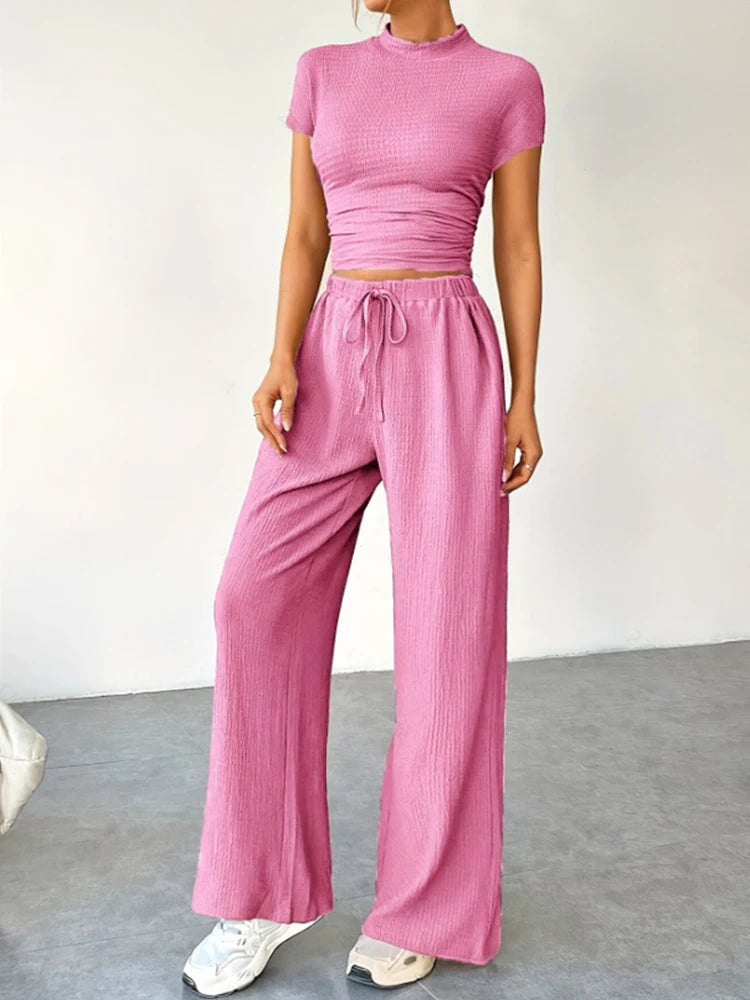 2Pcs/Set Women's Casual Sports Set Spring and Summer Basic Solid Color Slim Lady's Round Neck Short Sleeve Top and Floor Pants