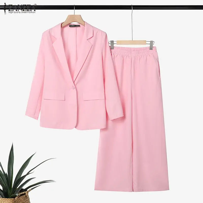 ZANZEA Women's Elegant Pant Suits Wide Leg Pant & Long Sleeve Blazer 2 Pieces Sets Woman Office Wear Casual Loose Outfits 3XL