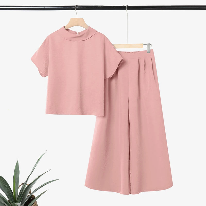 ZANZEA Women's Loose Pant Sets Collared Short Sleeve Tops & Wide Leg Pants 2 Pieces Suits Daily Casual Solid Color 2pcs Outfits
