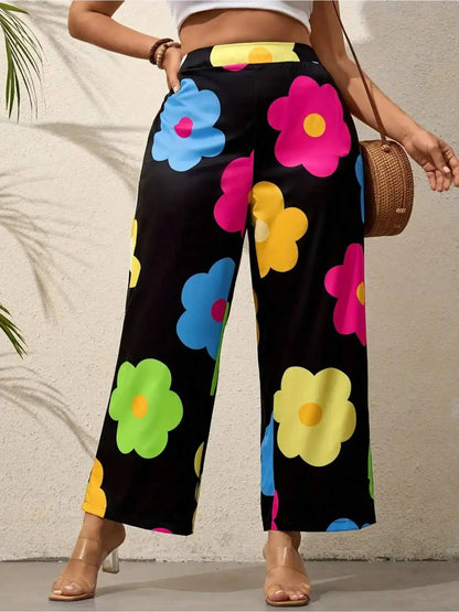Plus Size Colorful Flower Print Wide Leg Pants, Vacation Style High Waist Pants For Spring & Summer, Women's Plus Size Clothing