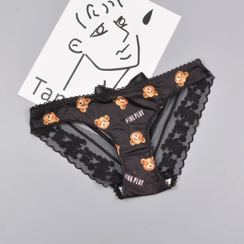 Couple Panties Set Sexy Lace Ice Silk Fabrics Underwear Men's Boxers Cartoon Bear Print Panties set Women's Briefs 1 PCS