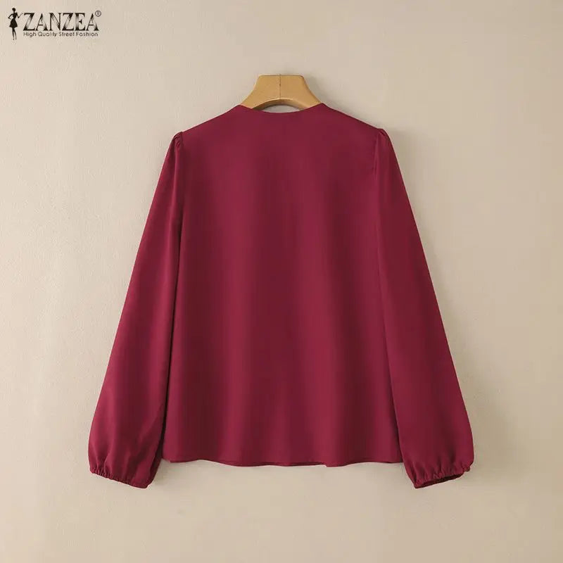 ZANZEA Women's Elegant Ruffles Trim Blouses Lace-Up Detail V-Neck Lantern Sleeves Solid Color Woman Tops Fashion Female Blouse