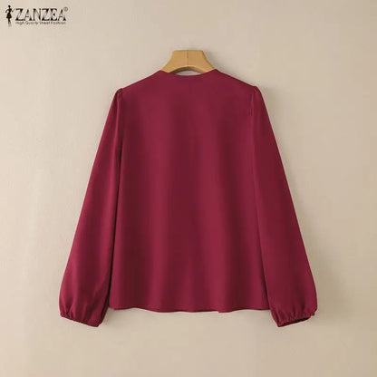 ZANZEA Women's Elegant Ruffles Trim Blouses Lace-Up Detail V-Neck Lantern Sleeves Solid Color Woman Tops Fashion Female Blouse