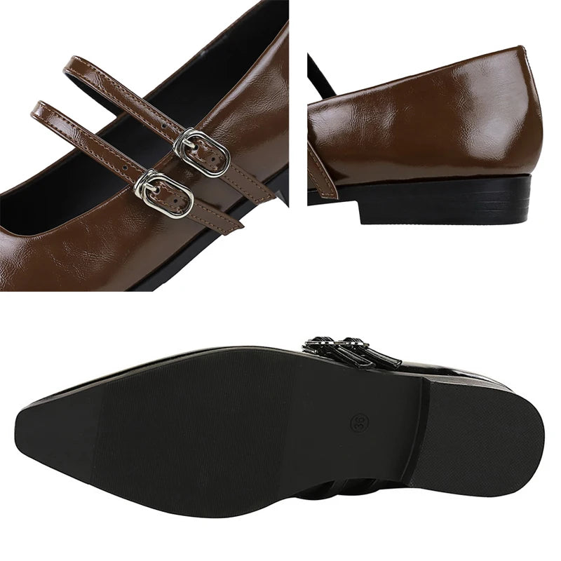 Retro Women's Low Heeled Shoes Pointed Tip Women Pumps Occupation Commuting Women's Shoes Buckle Comfort Low Heels Ladies Shoes