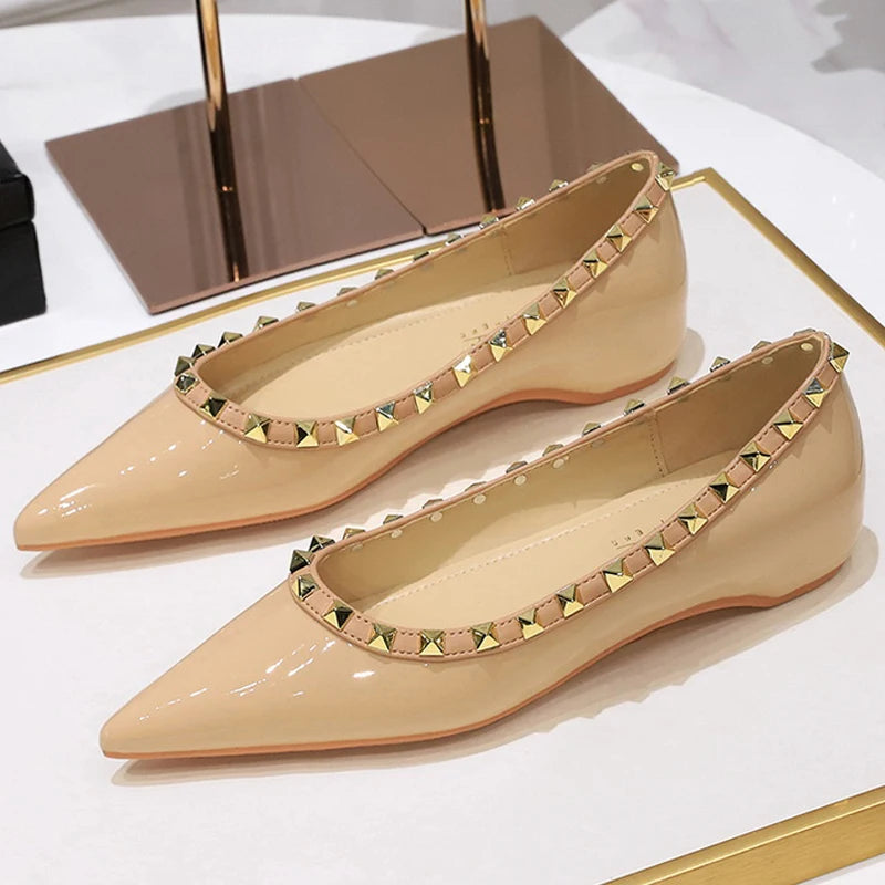 BIGTREE Shoes Lady Rivet Decoration Low Heeled Women Shoes Patent Leather Ladies Shoes Wedge Heels Pointed Tip Low Heel Female