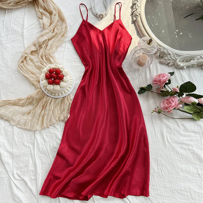 Elegant Satin Women's Nightdress Sexy Comfortable Long Slip Dress Solid Color Pajamas For Women
