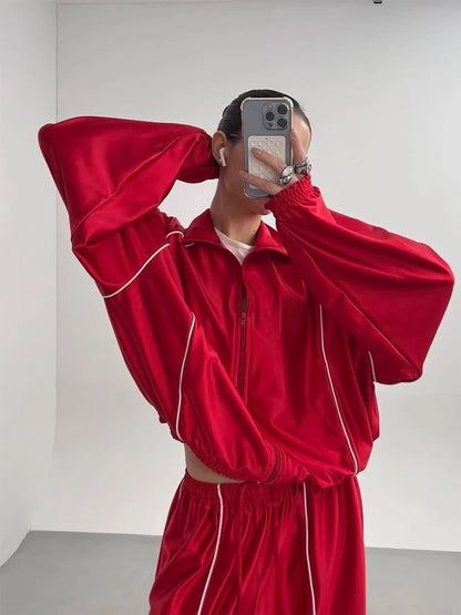 Satin Tracksuit Zip-up Set Long Sleeve Women's Jacket Wide Leg Pants Summer Lady Fashion Casual Daily Street Sportswear 2026 New