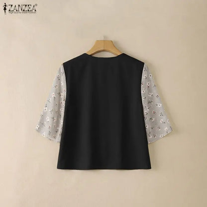 ZANZEA Women's Elegant Floral Chiffon Patchwork Blouses V-Neck 3/4 Sleeve Loose Tops 2026 Summer Daily Casual Blusas de Mujer
