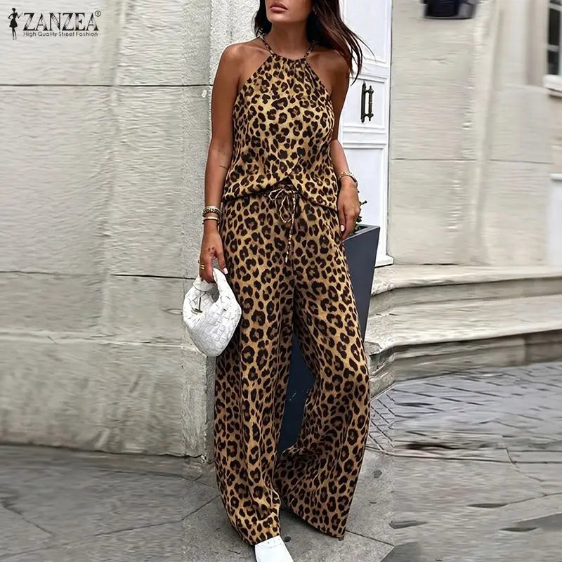Stylish Women 2 Pieces Sets Leopard Print Holiday Outfits ZANZEA Summer Halter Sleeveless Tanks Tops Beach Pant Sets Streetwear