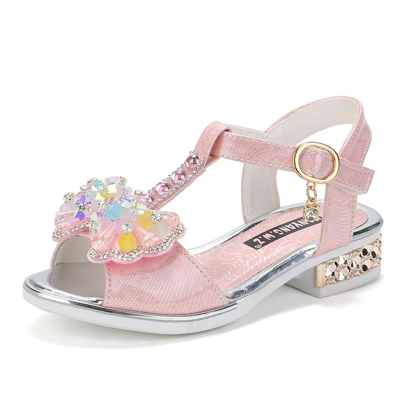 2026 Summer Children Princess Sandals Kids Girls Wedding Shoes High Heels Dress Shoes Bowtie Purple Pink White Shoes For Girls