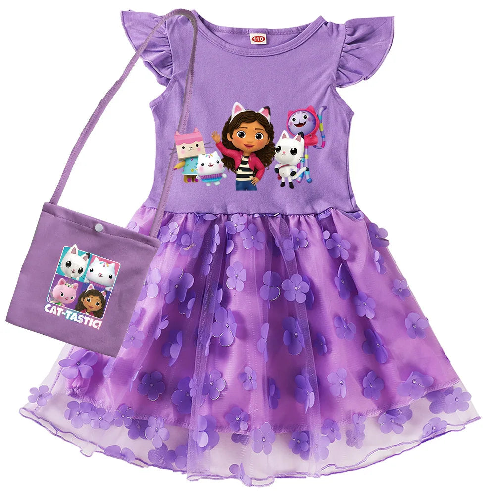 Vestidos Gabbys Dollhouse Costume Kids Cartoon Gabby Chat Dress Baby Girls Summer Short Sleeve Casual Dresses and Bag & Headband