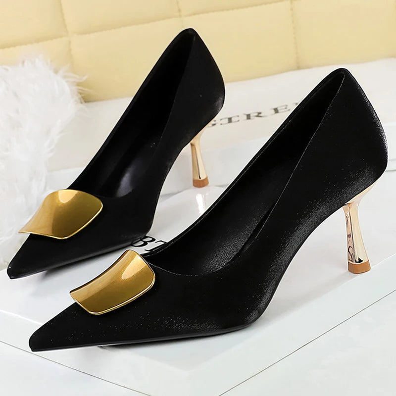 BIGTREE Shoes Metal Decoration Women Pumps Career Office Shoes Woman Heels Luxury Elegant Party Shoes Woman Stiletto 6.5 cm Heel