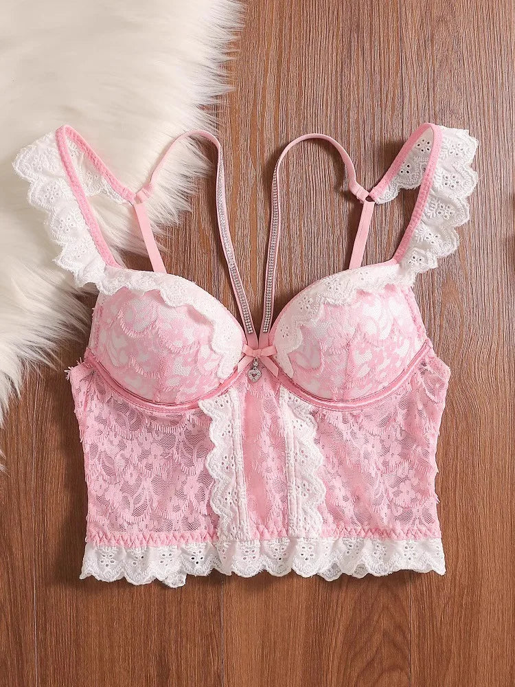 MOYISU Rhinestone Lace Corset Bra Set Pink Halter Bustier Slim-Fit Waist Trainer Sexy Lingerie for Women Party Wedding Outerwear