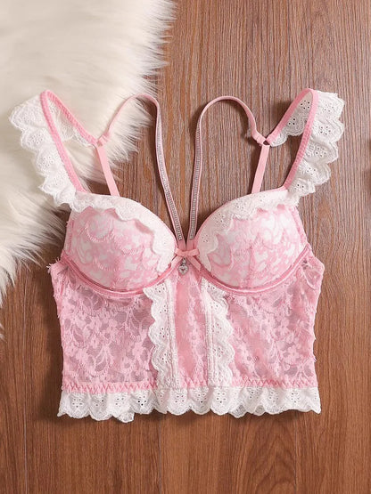 MOYISU Rhinestone Lace Corset Bra Set Pink Halter Bustier Slim-Fit Waist Trainer Sexy Lingerie for Women Party Wedding Outerwear