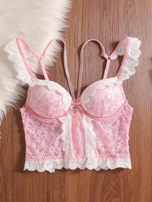MOYISU Rhinestone Lace Corset Bra Set Pink Halter Bustier Slim-Fit Waist Trainer Sexy Lingerie for Women Party Wedding Outerwear