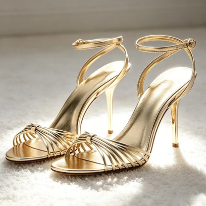 Gold Narrow Band Metal Detail Heeled Sandals Women Fashion Ankle Strap Buckle Stiletto Designer Shoe Elegant Open-toe Party Shoe