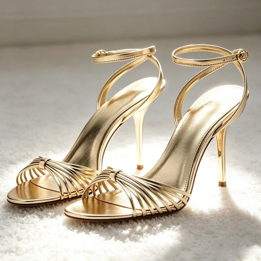 Gold Narrow Band Metal Detail Heeled Sandals Women Fashion Ankle Strap Buckle Stiletto Designer Shoe Elegant Open-toe Party Shoe