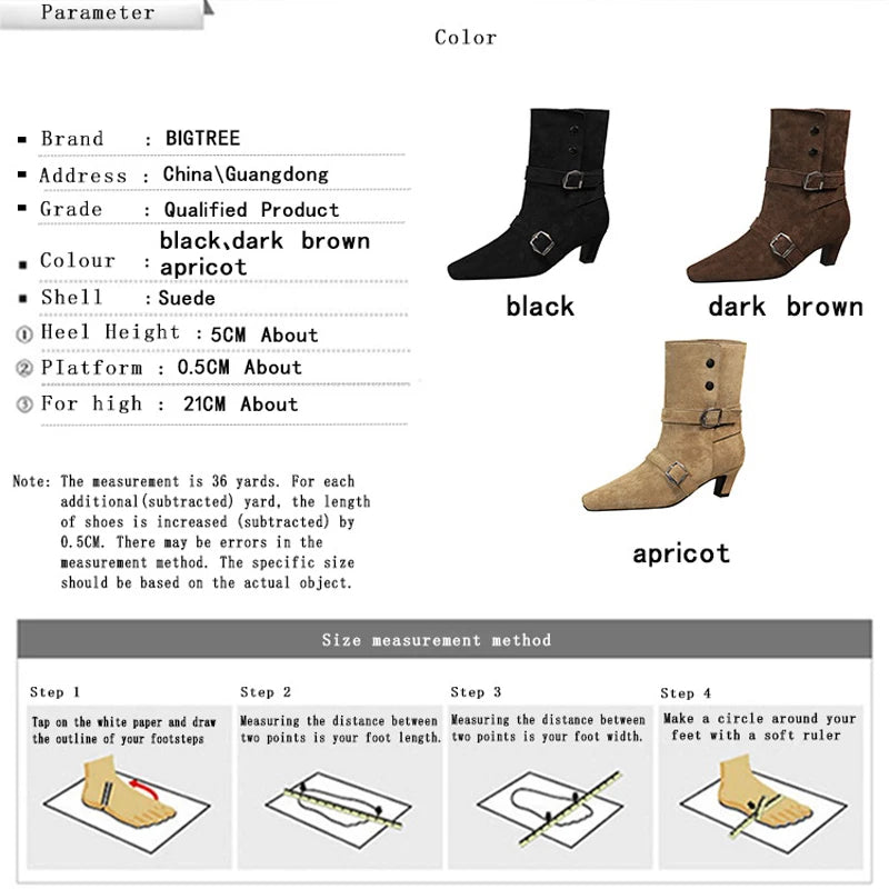 BIGTREE Shoes New Belt Buckle Design Women Boots Suede Retro Women's Ankle Boots Square Head Short Boots Middle Heel Boots