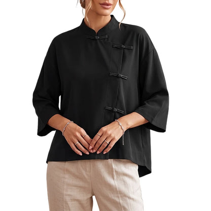 ZANZEA Plus Size 5XL Woman Vintage Shirts Mandarin Collar Frog Buttons High-Low Blouse Chinese Style Casual Solid Daily Wear Top