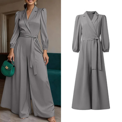 ZANZEA Women's Elegant Chic Jumpsuits Office Lady Lapel Neck Long Sleeve Tie-Waist Wide Leg Pant Overalls Solid Color Playsuits