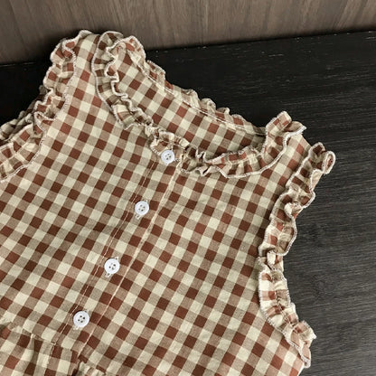 Korean Version 2-10 Year Old Girls and Teenagers Casual Suit with Checkered Lace Single Breasted Top and Pants Two-piece Set
