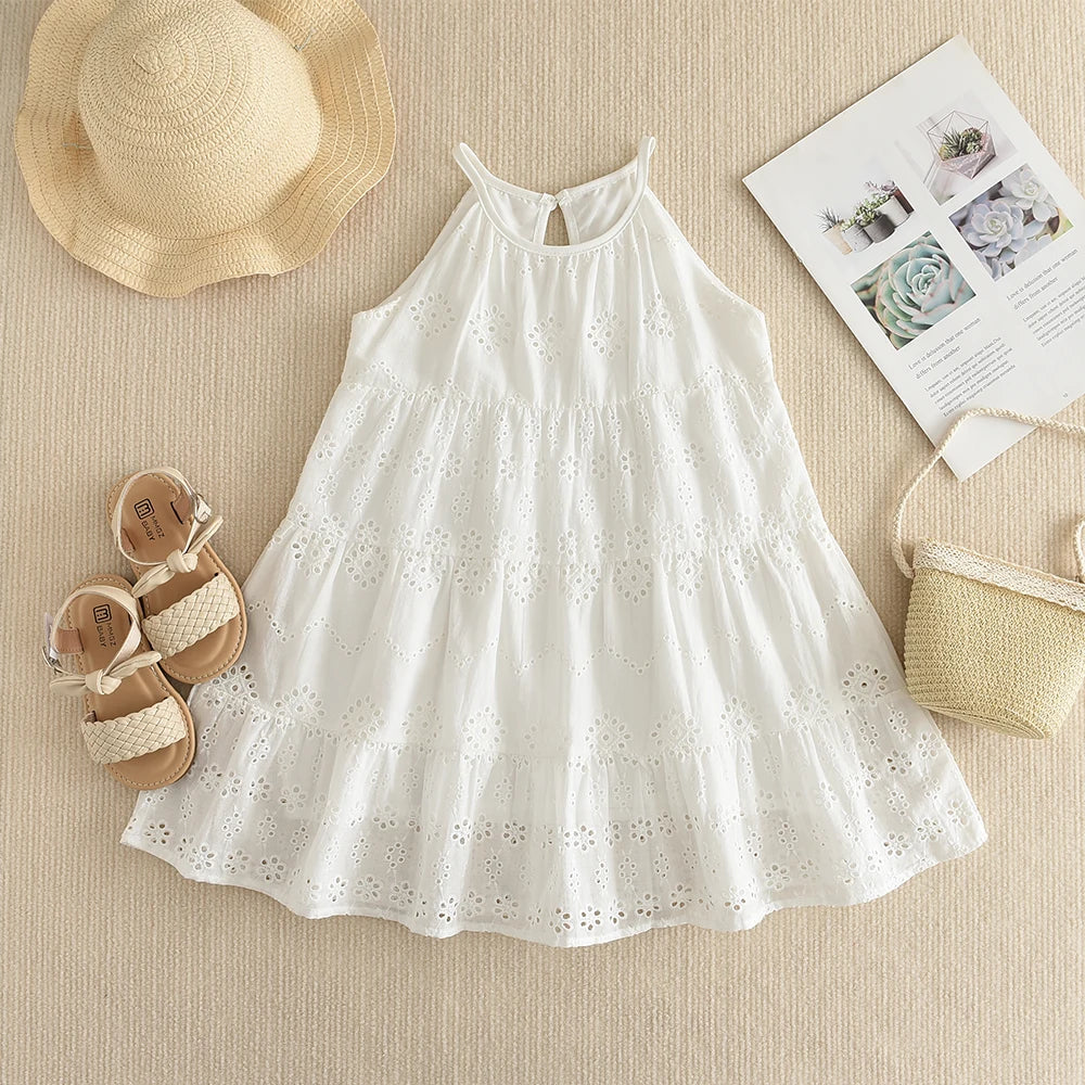 2026 Kids Clothing Korean Dress for Girls Solid Color Lace Hollow-out Suspenders Dresses Plain Cotton Girls Summer Clothes