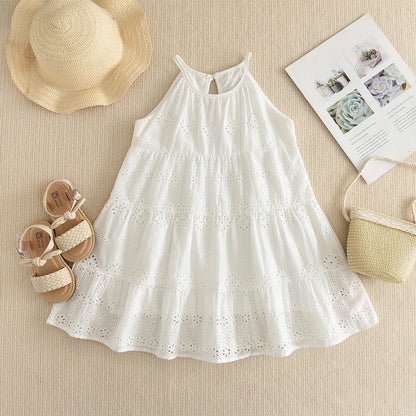 2026 Kids Clothing Korean Dress for Girls Solid Color Lace Hollow-out Suspenders Dresses Plain Cotton Girls Summer Clothes