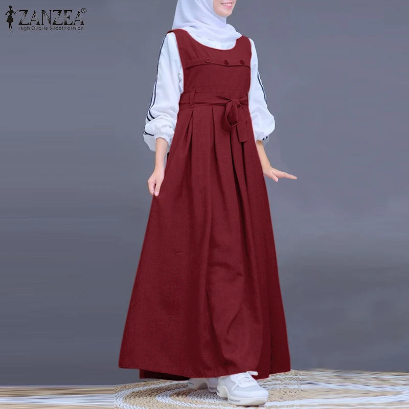 ZANZEA Muslim Abaya Hijab Dress Women Spring Maxi Long Dress Fashion Summer Sleeveless Overalls Dresses Kaftan IsIamic Clothing