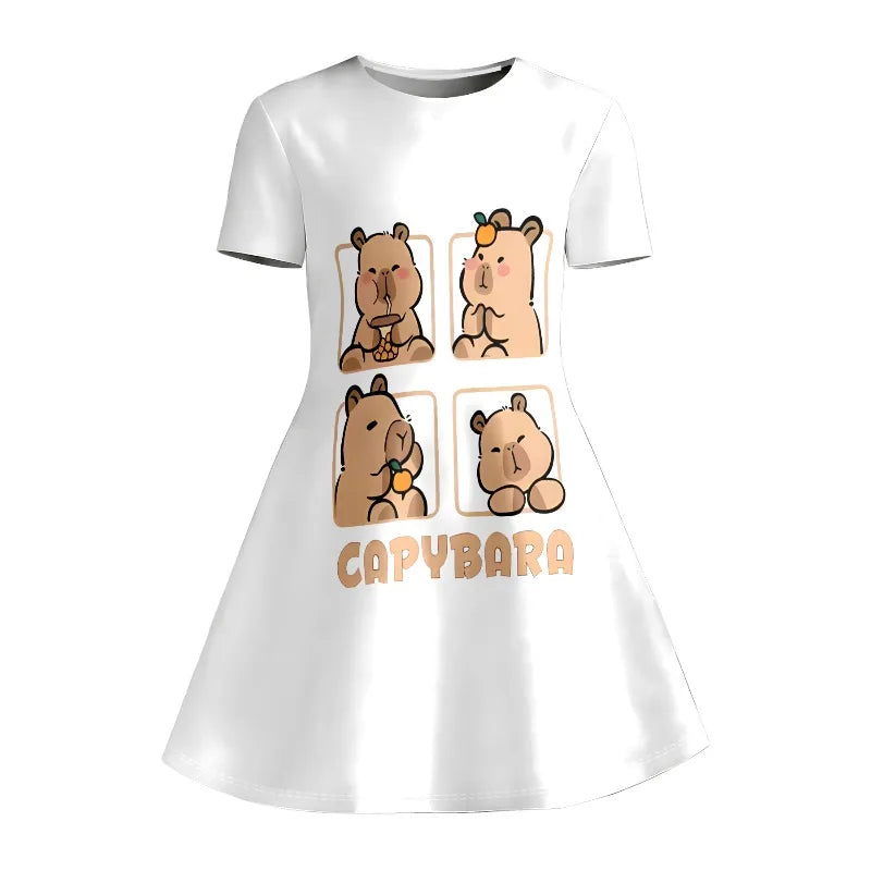 Little Girls 3 Styles Cherry Cartoon Rabbit Capybara Print Round Neck Short Sleeve A-Line Kids Summer Flared Swing Dress
