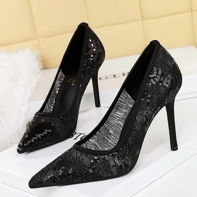 BIGTREE Shoes Women Pumps Pointed Tip High Heels Women 9.5 Cm Heels Lace Mesh Wedding Shoes Stiletto Sexy Party Shoes 3 Color