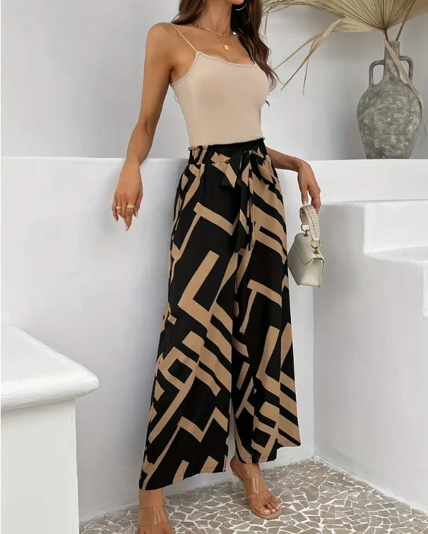 Women's High Waist Geometric Print Wide Leg Pants Bow Tie Casual Long Pants Elegant Streetwear