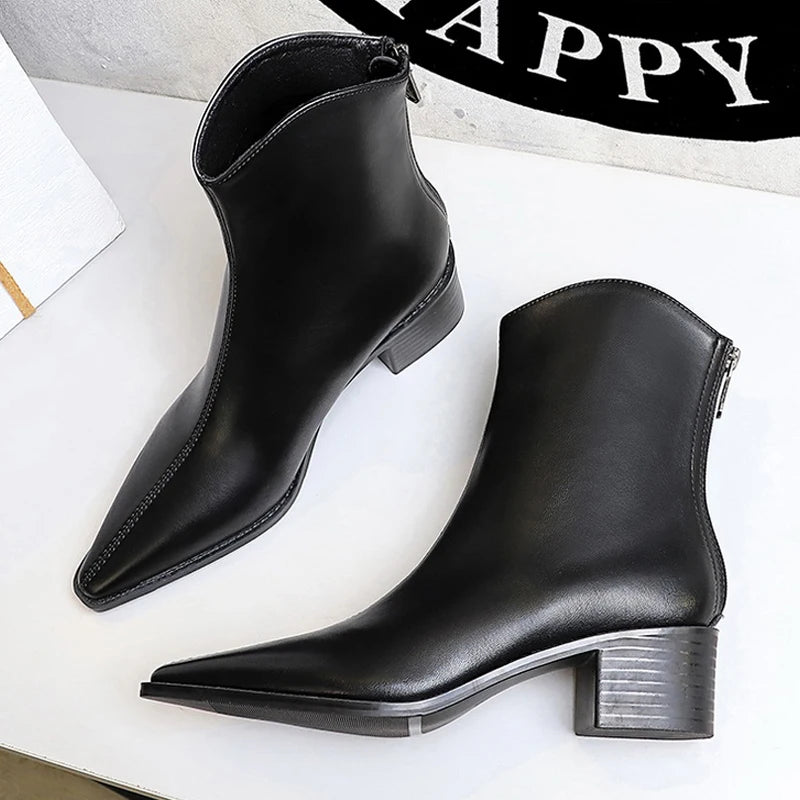 BIGTREE Street Style Designer Vintage Pointed Toe Zipper Women Ankle Boots Autumn Winter Fashion Square Heel Shoes Botas Mujer
