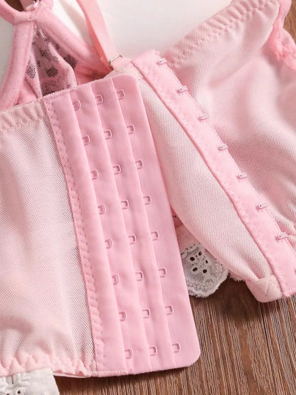MOYISU Rhinestone Lace Corset Bra Set Pink Halter Bustier Slim-Fit Waist Trainer Sexy Lingerie for Women Party Wedding Outerwear