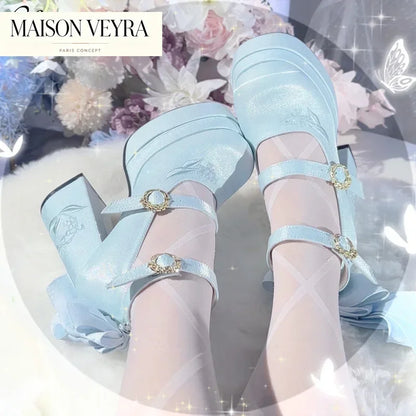 Elegant Satin Waterproof Lolita Mary Jane Shoes Women's Sweet Cute Girls Bow Paltform High Heel Ladies Pumps Platform Heels