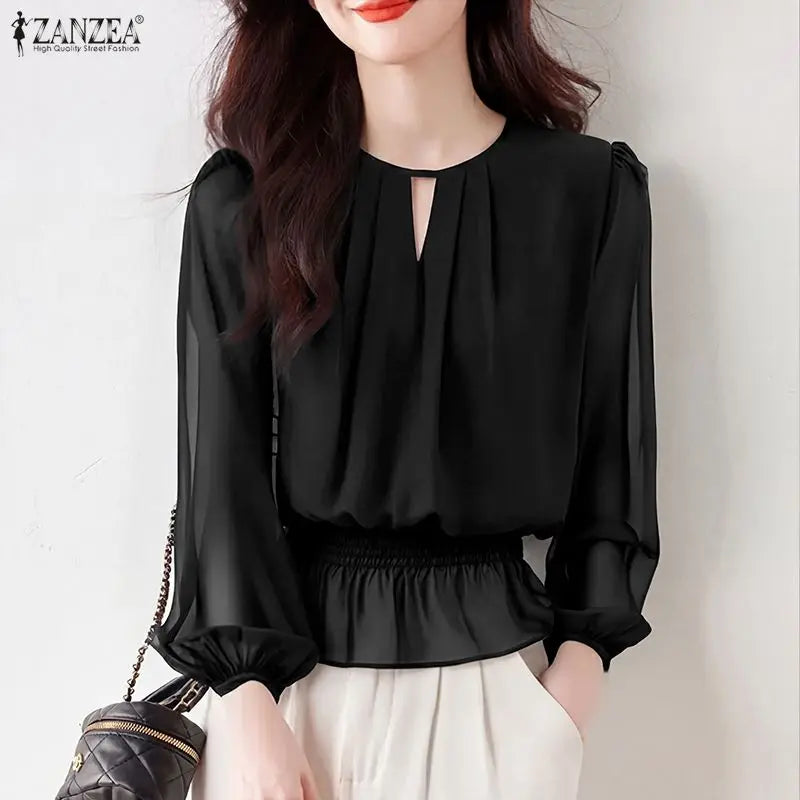 ZANZEA Women Chiffon Sheer Blouses Elegant O-Neck Puff Sleeve Shirred Waist Ruffled Hem Tops Summer Commute Blusas de Mujer