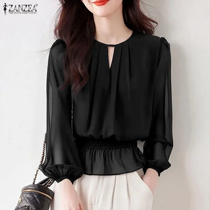 ZANZEA Women Chiffon Sheer Blouses Elegant O-Neck Puff Sleeve Shirred Waist Ruffled Hem Tops Summer Commute Blusas de Mujer