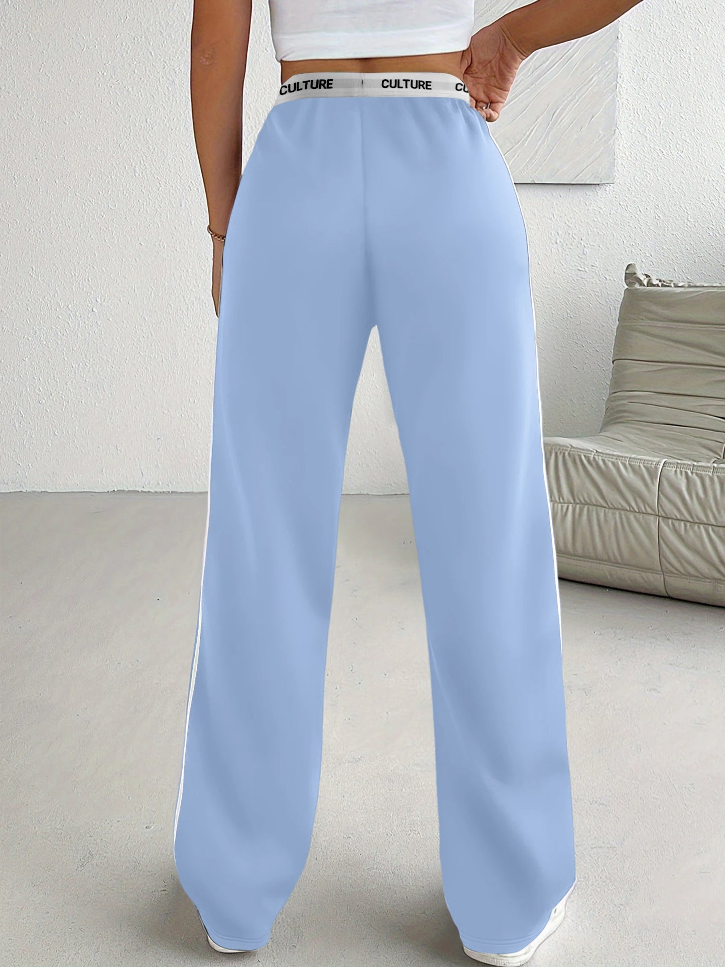Side Stripe Wide Leg Sweatpants - "CULTURE" Print Waistband Casual Pants for Women
