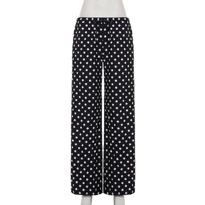 Casual Polka Dot Print Elastic Waist Pants Women's Straight Leg Full Length Woven Trousers Vacation Style Beach Bottoms Fashion