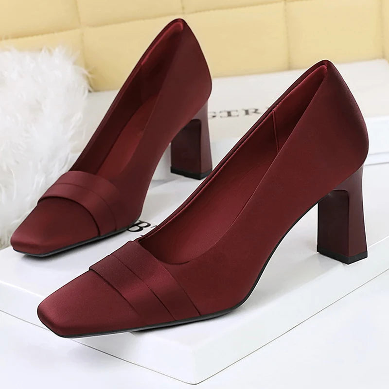 BIGTREE Shoes Square Head Women Pumps Silks Satins High Heels Banquet Dress With Bridesmaid Shoes Chunky Heel Ladies Shoes New