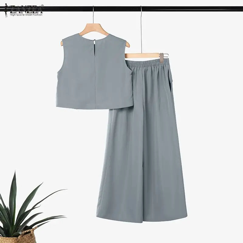 ZANZEA Women's Summer Elegant Pant Suits Sleeveless Cropped Tops & Wide Leg Pants 2 Pieces Sets Office Commute Pant Sets Outfits