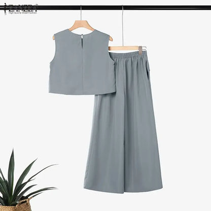 ZANZEA Women's Summer Elegant Pant Suits Sleeveless Cropped Tops & Wide Leg Pants 2 Pieces Sets Office Commute Pant Sets Outfits