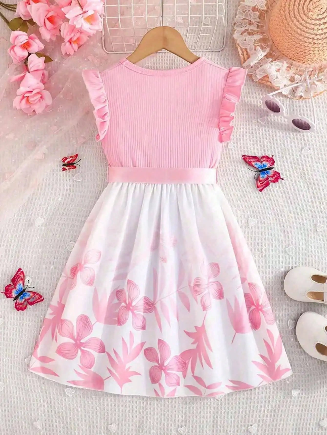 Floral print patchwork striped sleeveless dress and belt, popular style, suitable for daily travel