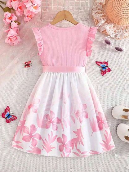 Floral print patchwork striped sleeveless dress and belt, popular style, suitable for daily travel